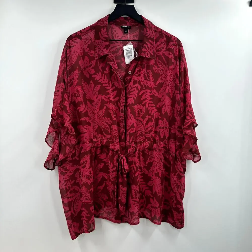 Torrid Red Pink Cap Sleeve Polo Blouse - Picture 2 of 8